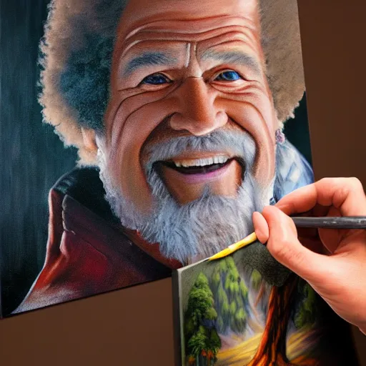 Image similar to a closeup photorealistic photograph of bob ross with a paintbrush, diligently finishing a canvas painting of iron man. mountains and trees. film still. brightly lit scene. this 4 k hd image is trending on artstation, featured on behance, well - rendered, extra crisp, features intricate detail, epic composition and the style of unreal engine.