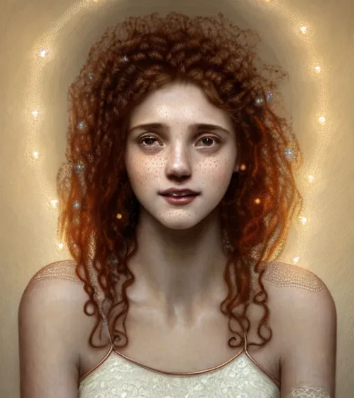 Image similar to portrait of teenage aphrodite, light freckles, curly copper colored hair, smiling kindly, wearing an embroidered white linen dress with lace neckline, intricate, elegant, mother of pearl jewelry, glowing lights, highly detailed, digital painting, artstation, concept art, smooth, sharp focus, illustration, art by wlop, mucha, artgerm, and greg rutkowski