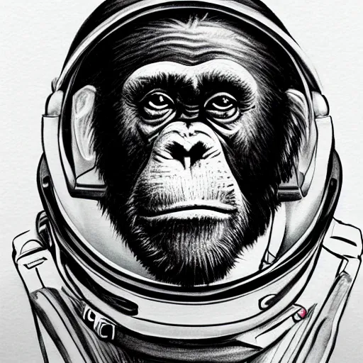 Image similar to pencil art, realistic self portrait, astronaut with a chimpanzee posing on a chair.