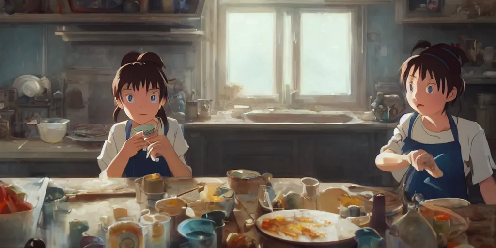 Prompt: a brunnete girl with blue eyes and puffy cheeks cooks breakfast in her messy house, close up shot from the side, anime art, Greg Rutkowski, studio ghibli, dramatic lighting