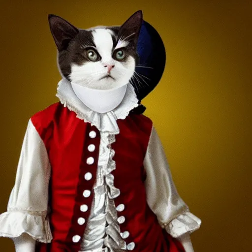 Image similar to a calico cat dressed as mozart