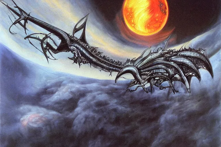 Prompt: painting by h. r. giger, menacing dragon soaring above the clouds, blackhole sun, dark undertones, flow of motion, closeup