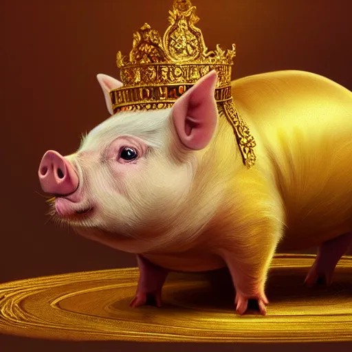 Image similar to an epic painting of a proudly standing pig wearing a gold crown, oil on canvas, golden hour, perfect composition, golden ratio, beautiful detailed, photorealistic, digital painting, artstation, concept art, smooth, sharp focus, illustration, fantasy background, artstation trending, octane render, unreal engine