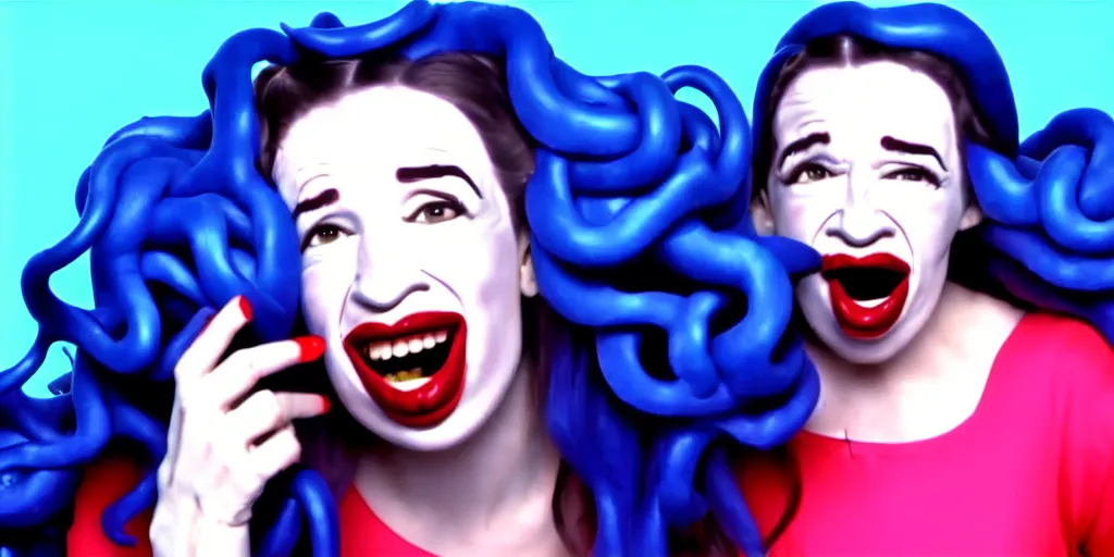 Prompt: old distorted camcorder video of miranda sings as medusa, multiple poses, video still from miranda sings