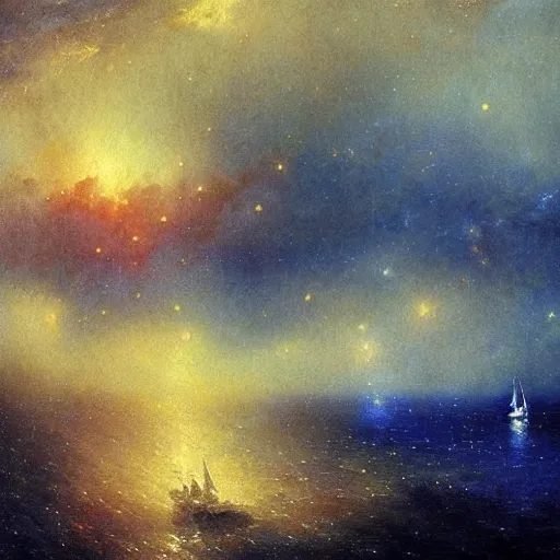 Image similar to sailing ship, cosmic nebula!!!!!!!!!!!!!, artstation, by andrea rocha, by ivan aivazovsky, by john harris, impressionism, watercolor, dramatic scenery, hdr