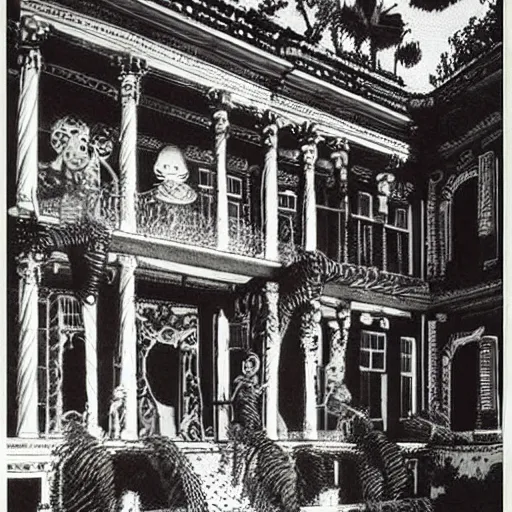 Prompt: by helmut newton perler beads, child's drawing. a beautiful photograph. it was a mansion of ghosts & monsters, with ghouls in the shadows & demons scuttling behind the wainscotting.