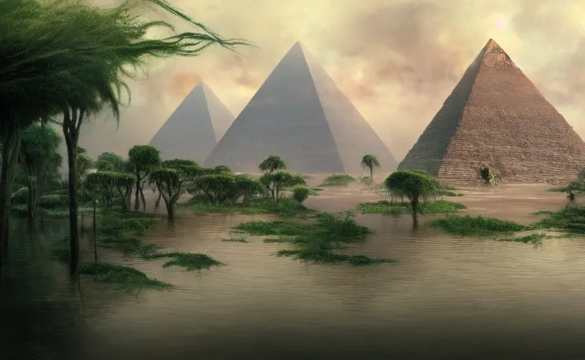 Image similar to a realistic and atmospheric cell - shaded concept art from howl's moving castle ( 2 0 0 4 ) of a futurist sci - fi city and an egyptian pyramid complex in a flooded rainforest. very dull muted colors, hd, 4 k, hq