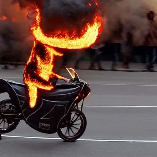 Image similar to a man with a burning skull head riding a flaming motercycle