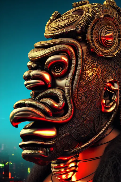 Image similar to high quality 3 d render post - rococo cyberpunk hanuman! head building, neon madhubani, open mouth, highly detailed, in sci - fi mumbai, cinematic smooth unreal engine, lee madgwick & liam wong, dramatic light, low angle, uhd 8 k, sharp focus