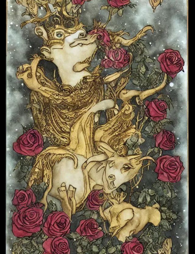 Prompt: animal god of roses and snow. this ink wash and goldleaf work by the beloved children's book illustrator has interesting color contrasts, plenty of details and impeccable lighting.