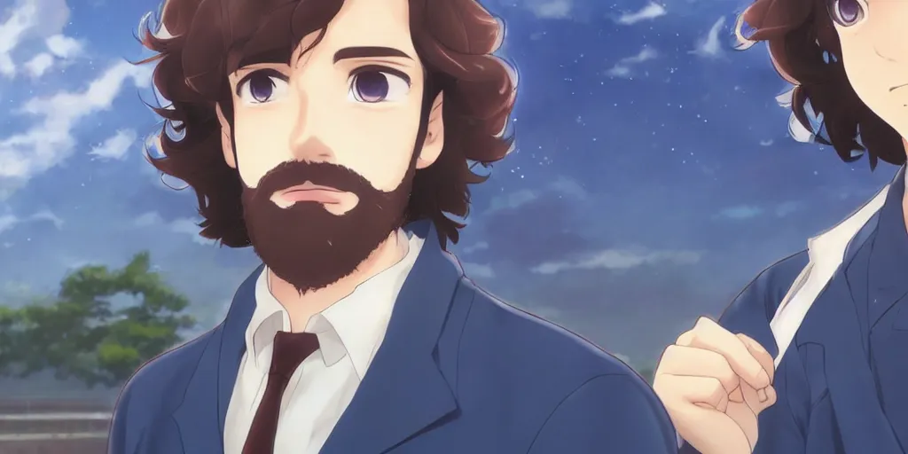 Image similar to a brown curly hair bearded doctor with blue eyes, by makoto shinkai