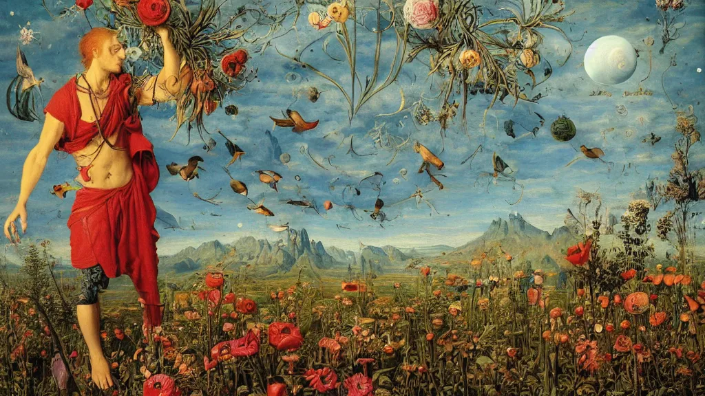 Image similar to a fish eye lense photograph of a meditating druid werewolf surrounded by towering bulbous flowers. wide landscape with mountains, river delta. clear blue sky with stars and birds. painted by jan van eyck, max ernst, ernst haeckel and ernst fuchs. trending on artstation, 8 k, award winning, fashion editorial, mythology, photorealistic, cacti everywhere