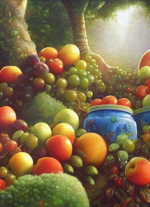 Image similar to a beautiful painting of pots filled with fruits and food in the jungle, close up, abundance, art by christophe vacher
