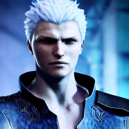 Image similar to portrait of a vergil from devil may cry ,Capcom, Grim fantasy, dlss, HDR, devil may cry 5, autodesk maya render , blue aura, natural light, shoulder level shot, dynamic pose, award winning photograph, Mucha style, 8k,
