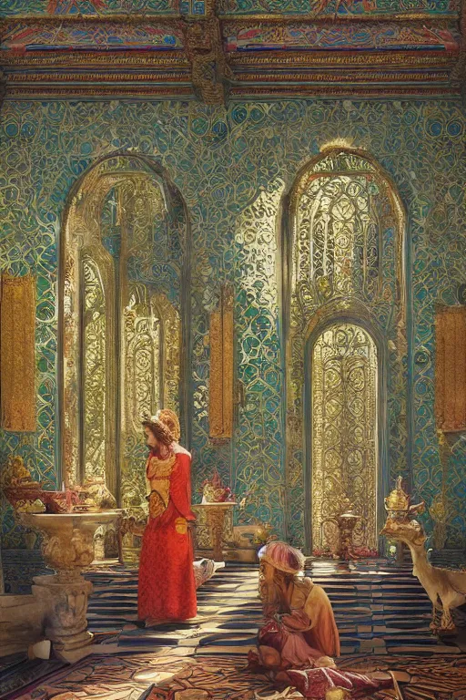 Image similar to glorious painted temple of the forest, by Sylvain Sarrailh and Ludwig Deutsch and Rudolf Ernst and edmund dulac, dramatic cinematic lighting , beautiful colorful tilework, ornate architecture, smooth, sharp focus, extremely detailed