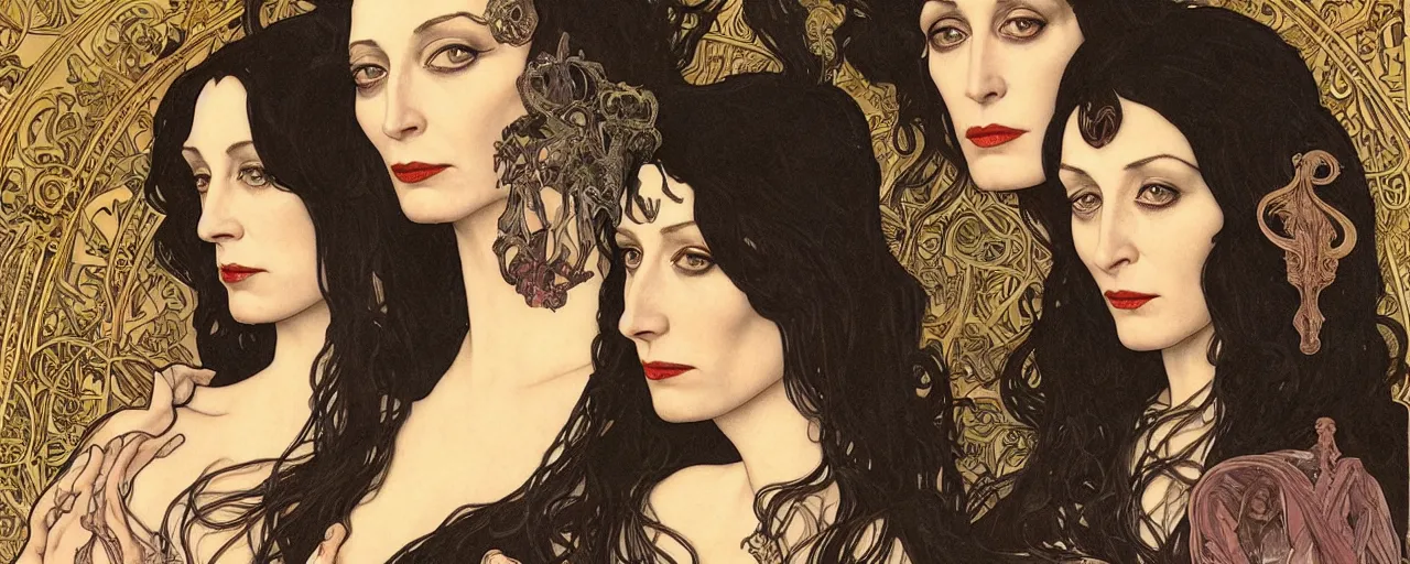 Image similar to stunning hyperdetailed art nouveau portrait of the eva green anjelica huston and morticia addams as the mythological 3 witches, by chris achilleos, michael kaluta and alphonse mucha, photorealism, extremely beautiful, perfect symmetrical facial features, perfect anatomy, strong confident eyes, eldritch powers, witchcraft, magic energy