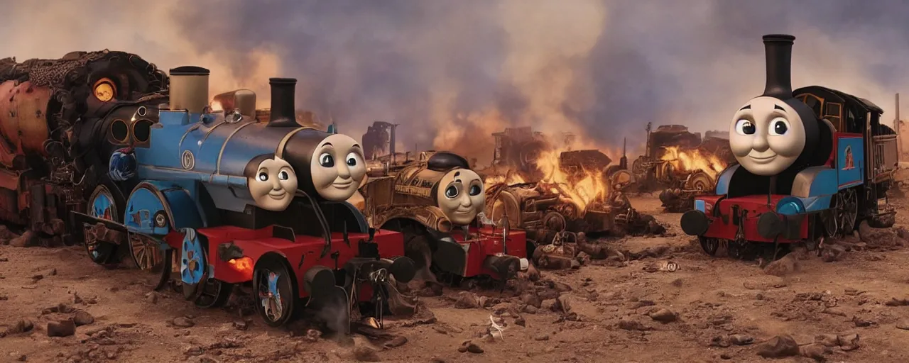 Image similar to Thomas the Tank Engine in the fiery Wasteland of MAD MAX: FURY ROAD