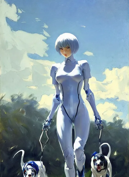 Image similar to Greg Manchess painting of Rei Ayanami in Plugsuit out with the dogs, EVA unit-00 in the back, countryside, fantasy character portrait, dynamic pose, above view, sunny day, thunder clouds in the sky, artwork by Jeremy Lipkin and Giuseppe Dangelico Pino and Michael Garmash and Rob Rey, very coherent asymmetrical artwork, sharp edges, perfect face, simple form, wacky, 100mm