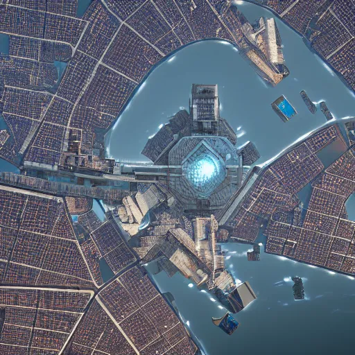Image similar to satellite photo of futuristic technologic advanced venice city. photorealistic, trending on artstation, volumetric lighting, 4 k, award winning