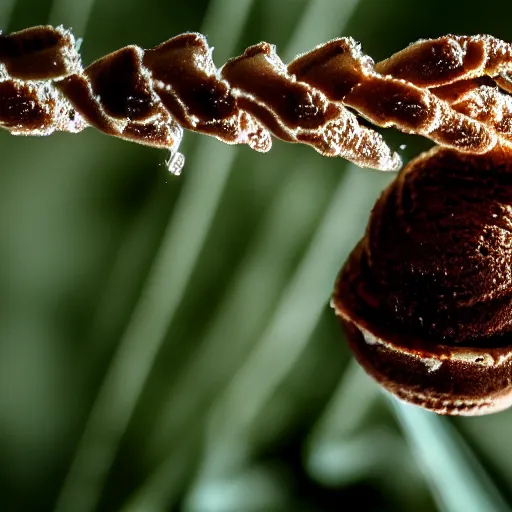 Prompt: detailed photograph of a levitating ice cream cone with hairy, wriggling spider legs protruding below. shallow depth - of - field. moody light.