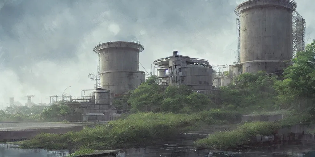 Prompt: clean and optimistic cooling tower and containment building, by a river and fields, greg rutkowski and studio ghibli