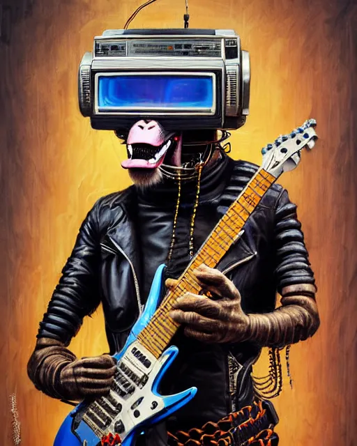 Prompt: a portrait of an anthropomorphic cyberpunk monkey in a leather helmet shredding an electric guitar by sandra chevrier, by jon foster, detailed render, tape deck, epic composition, cybernetics, 4 k realistic, cryengine, realistic shaded lighting, sharp focus, masterpiece, by enki bilal