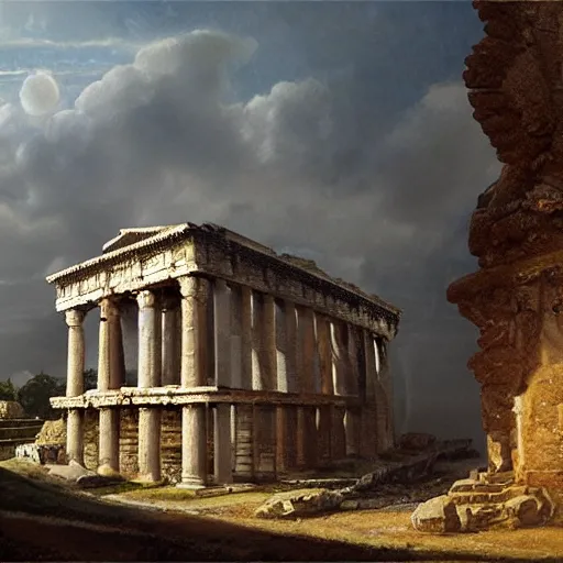 Prompt: historically accurate ancient roman city, roman temple, concept art, landscape painting