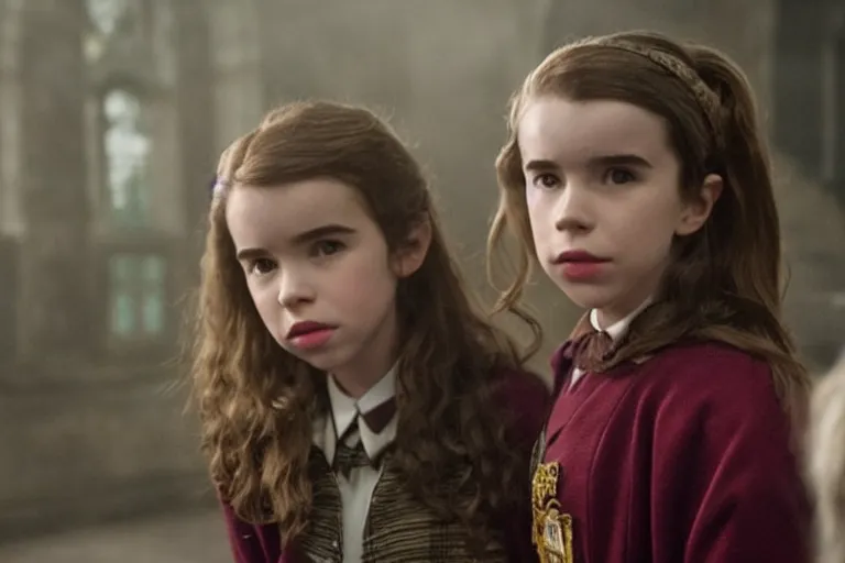 Prompt: film still Milly Bobby Brown as Hermione Granger wearing hogwarts uniform in Harry Potter movie