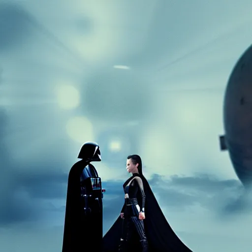 Image similar to darth vader and kristen stewart staying close together in front of, on the background star destroyer, romantic poster for the twillight movie high quality photorealistic