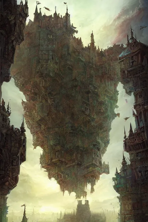 Image similar to a painting of a city castle floating in the air, flying island, levitating citadel, a matte painting by marc simonetti, deviantart, fantasy art, lush world above an apocalypse landscape, matte painting, apocalypse utopia art