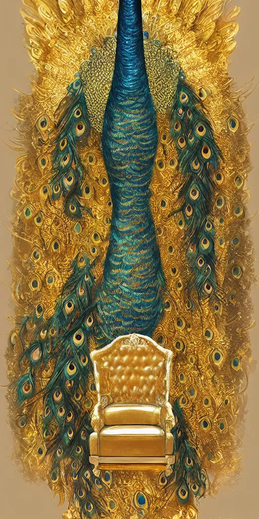 Prompt: a throne made of gold and surrounded by peacock feathers and an elegant art deco boarder, concept art, illustration, tamara de lepika,