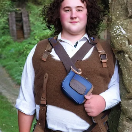 Image similar to pudgy British teen with short curly dark brown hair as a hobbit wearing a white men's crossbody sling chest bag and blue vest