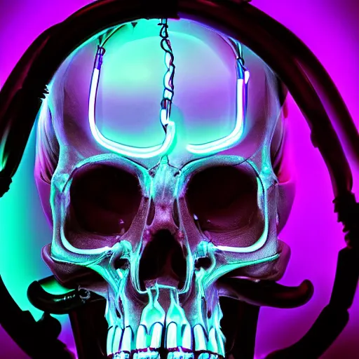 Image similar to cybernetic human scull with with horns , blue neon light and smoke and purple lighting