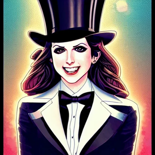 Prompt: beautiful Anna Kendrick Zatanna DC Comics on stage, wearing a top hat, symmetrical face symmetrical eyes, beautiful smile, intricate details, atmospheric, art by eiichiro oda, artgerm, Joshua Middleton art