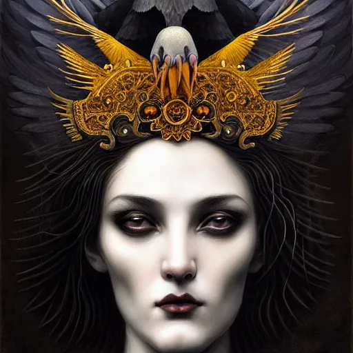 Image similar to goddess of crows, unusual beauty, emotionally evoking symbolic metaphors, head in focus, fantasy, ornamental, intricate, elegant, sensual, highly detailed digital painting, artstation, concept art, painterly, golden ratio, sharp focus, illustration, art by John Collier and Krenz Cushart and Artem Demura and and Greg Rutkowski and Alphonse Mucha and Albert Aublet