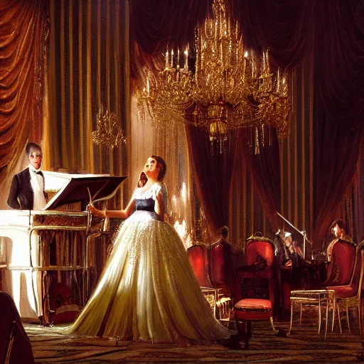 Prompt: closeup on a beautiful woman singing in front of a crowd, opulent anglocore ballroom with tall ceilings and tall windows, French provincial furniture, a beautiful tall princess is singing, a beautiful woman singing, musicians playing instruments, Men in tuxedos, Volumetric light rays, fancy drapery on furniture, palace, victorian, by Greg Rutkowski