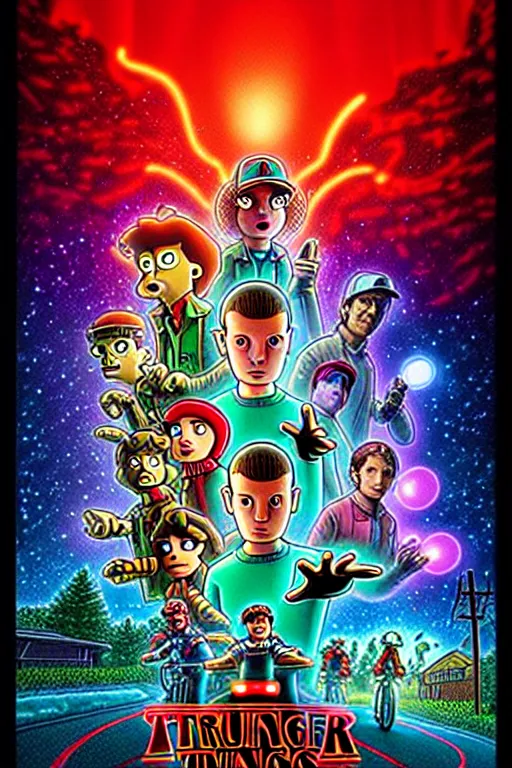 Prompt: animated version of Futurama Stranger Things poster by Matt Groening, cartoon, high resolution, hyper detailed, intricate, illustrated, dramatic lighting !n-9