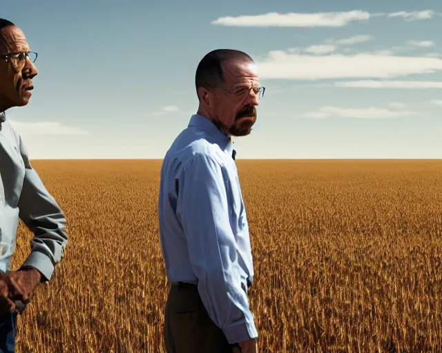 Image similar to extreme long shot of walter white and gustavo fring stand facing each other from a distance in a wheat field, side view, 3 5 mm photograph, 8 k resolution, wide shot, sharp lens