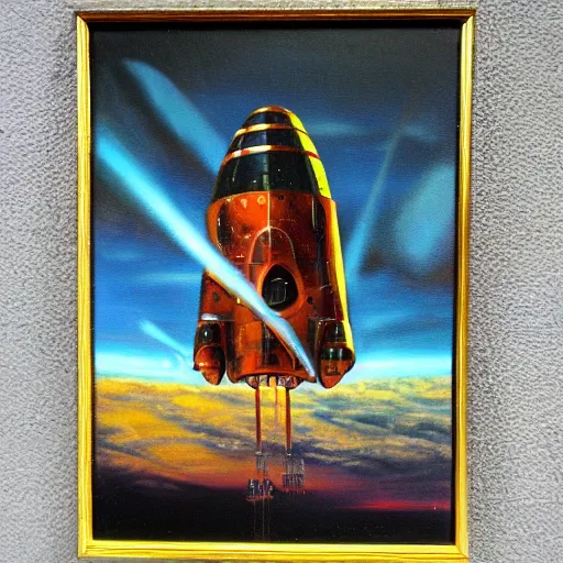 Prompt: oil painting of a retro sci-fi spaceship