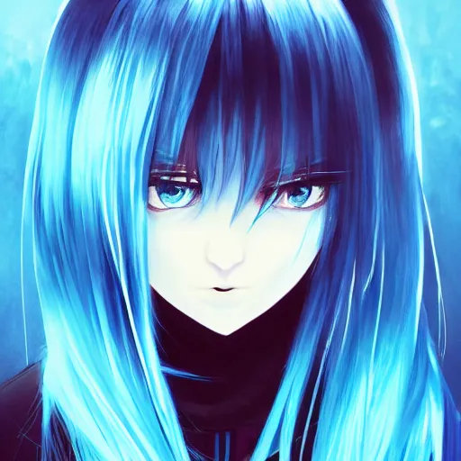 Image similar to full face shot of rimuru tempest, sky blue straight hair, long bangs, with amber eyes, wearing a fancy black jacket, high collar, ultra detailed, brush strokes, digital painting, cinematic, wlop artstation, closeup, pixiv, eerie, scary, intimidating glare, evil, yoshitaka amano, junji ito,