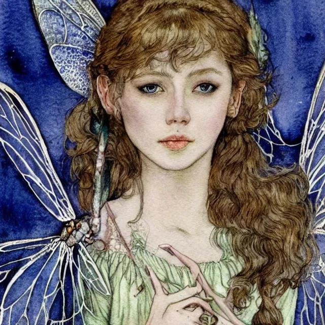 Prompt: a detailed, intricate watercolor and ink portrait illustration with fine lines of young 1 4 year old scarlett johannson as a fairy with dragonfly wings wearing a peasant dress, by arthur rackham and edmund dulac and lisbeth zwerger