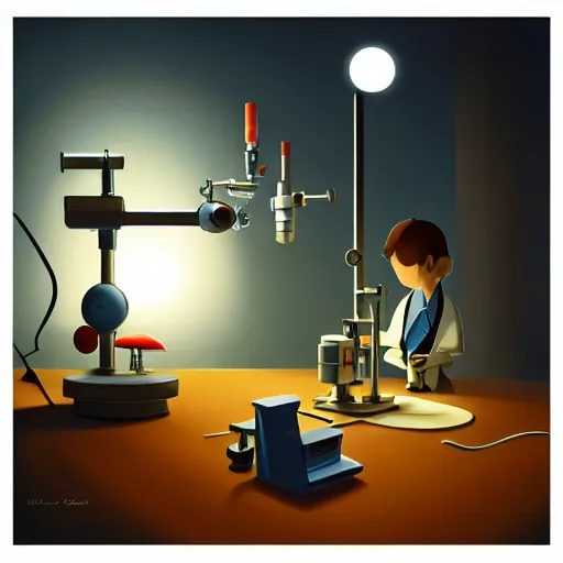 Prompt: goro fujita ilustration a science laboratory, tools for science research, microscopes, small streaks of light through, painting by goro fujita, sharp focus, highly detailed, artstation