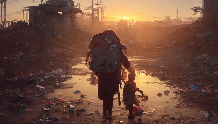 Prompt: poor detailed child with backpack looking for food at garbage dump, city is pure wasteland, sunset in background, greg rutkowski, alphonse mucha, trending on artstation, artgerm, breathtaking, award winning, highly detailed 4 k art