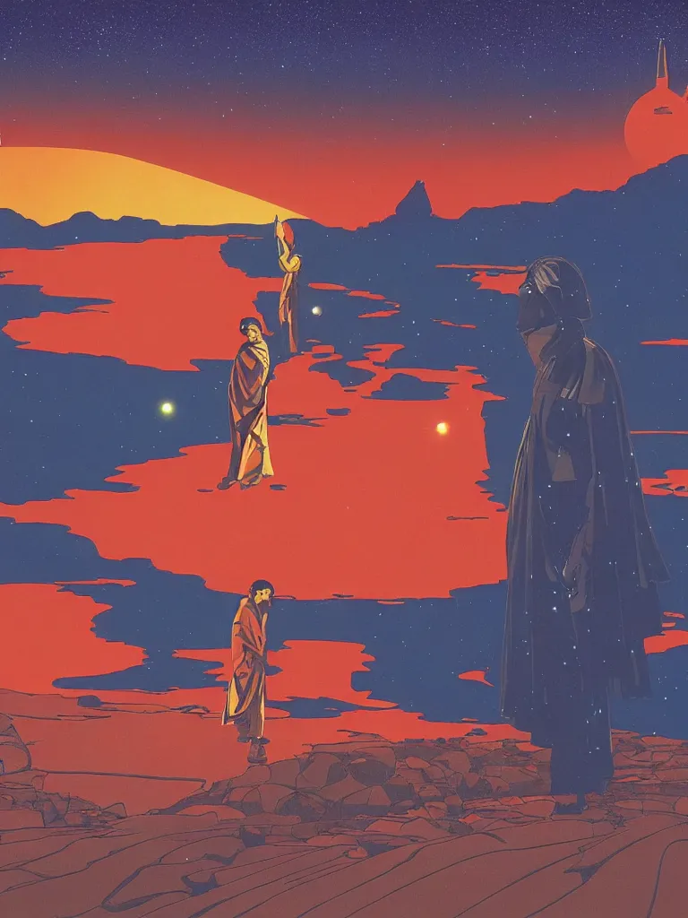 Image similar to a landscape of george harrison as a jedi, taking mind altering drugs, a blotter paper of lsd acid and dreaming psychedelic hallucinations in a vast star wars landscape, by kawase hasui, moebius, edward hopper, colorful flat surreal design, dramatic lighting, hd, 8 k, artstation