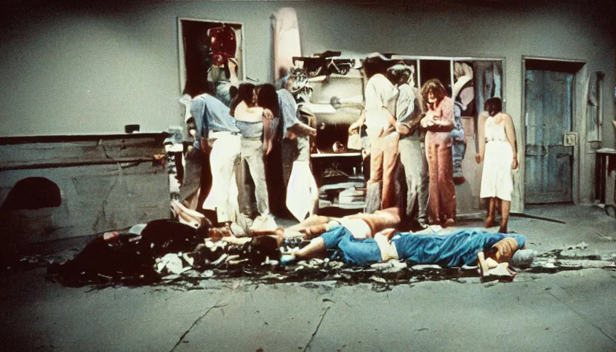 Prompt: 7 0 s film still from a horror movie about dead bodies in new orleans, kodachrome, cinecolor, cinestill, film grain, film texture, retro, cinematic, high resolution, photorealism,