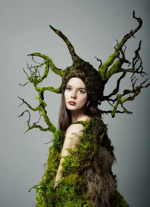 Image similar to a photo of a female model, orgnic headpiece, vines, horn, moss, fashion photography, realistic, hyperdetails, dark grey backdrop studio, tree bark and moss costume