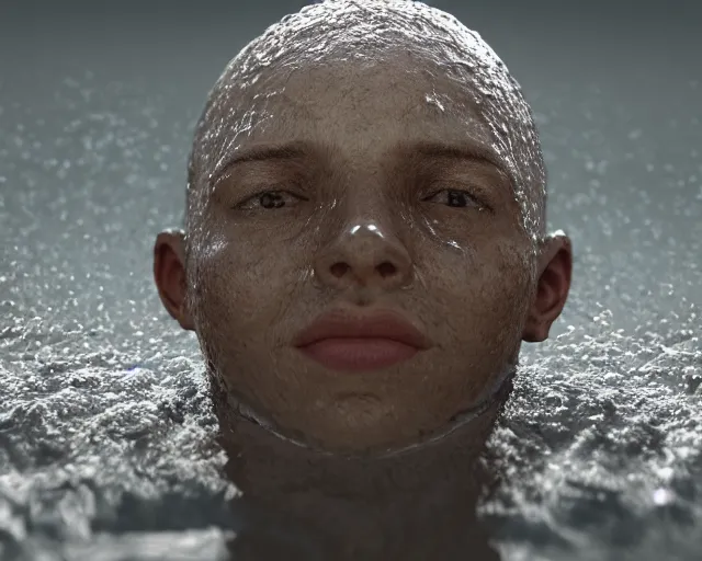 Prompt: water art manipulation of a realistic human head with open eyes burried in the ground, surreal, hyper realistic, ray tracing, realistic water, sharp focus, 8 k resolution, cinematic
