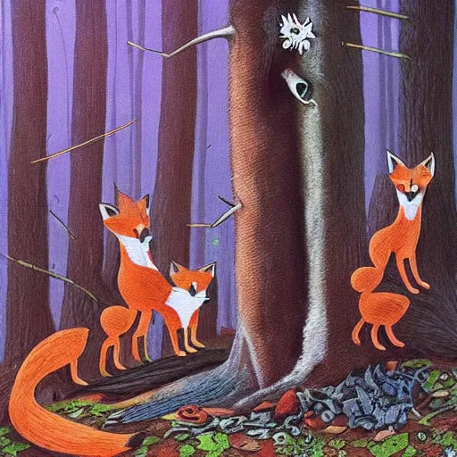 Prompt: “ a magical forrest with a fox family, rubbish showing how humans destroying the world, highly detailed painting ”