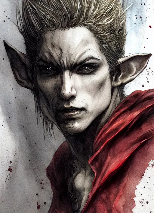 Prompt: portrait, male elf vampire rouge, watercolor, dramatic lighting, cinematic, establishing shot, extremely high detail, foto realistic, cinematic lighting, pen and ink, intricate line drawings, by Yoshitaka Amano, Ruan Jia, Kentaro Miura, Artgerm, post processed, concept art, artstation, matte painting, style by eddie mendoza, raphael lacoste, alex ross