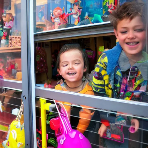 Image similar to kids peeking through a toy store's window from outside